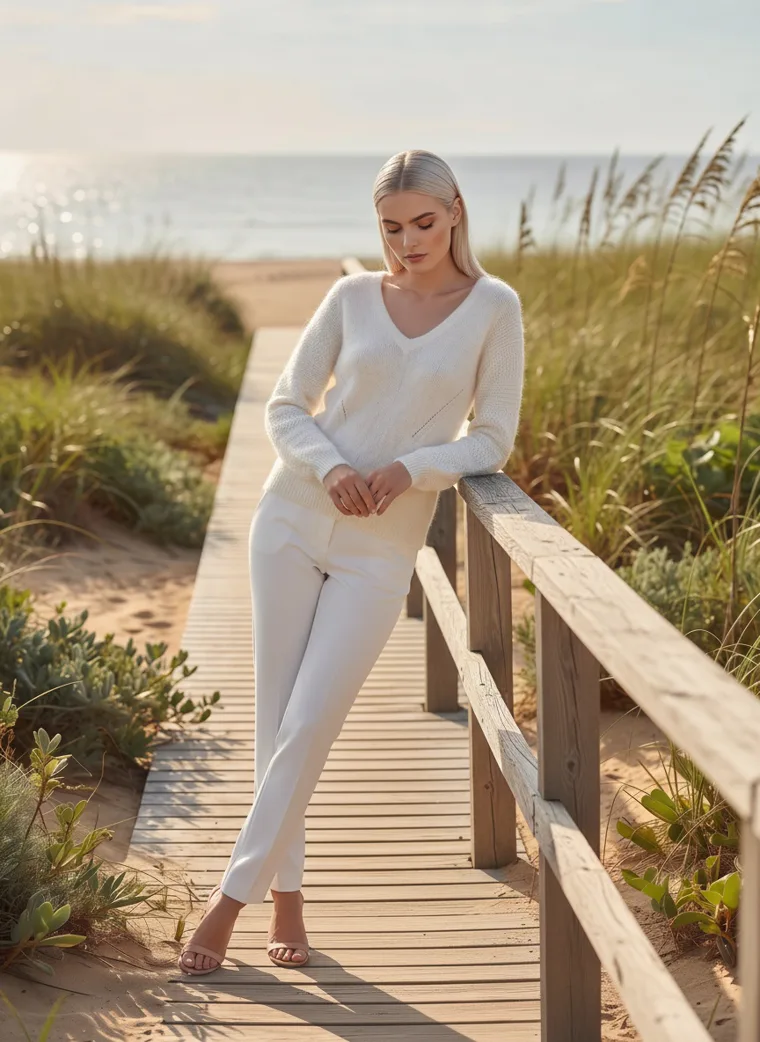 A cream v-neck knit with white trousers on a wooden boardwalk through dune grass by the sea, in late sun. V-Neck Knit in cream, leaning on the boardwalk rail