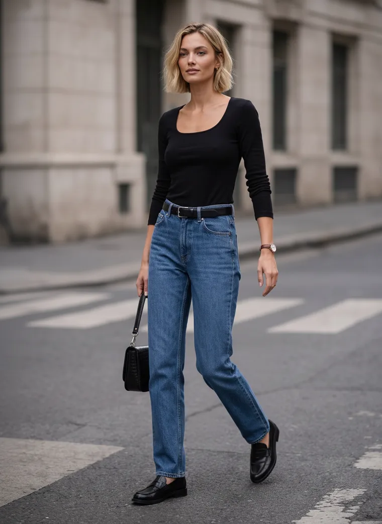A model walking across a city crosswalk in a black top and jeans, low sun lighting her from the side