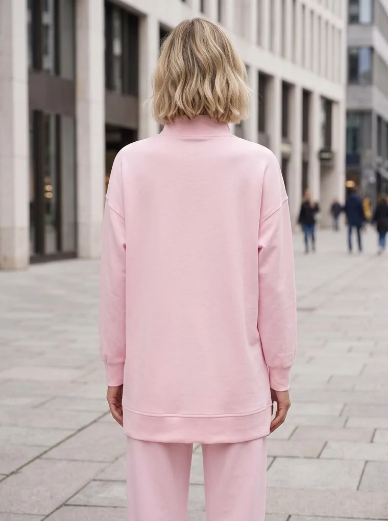 A pink half-zip sweatshirt with a contrast stripe and matching wide-leg joggers, worn with white trainers in a city plaza. Half-Zip Sweat Set in pink, back view