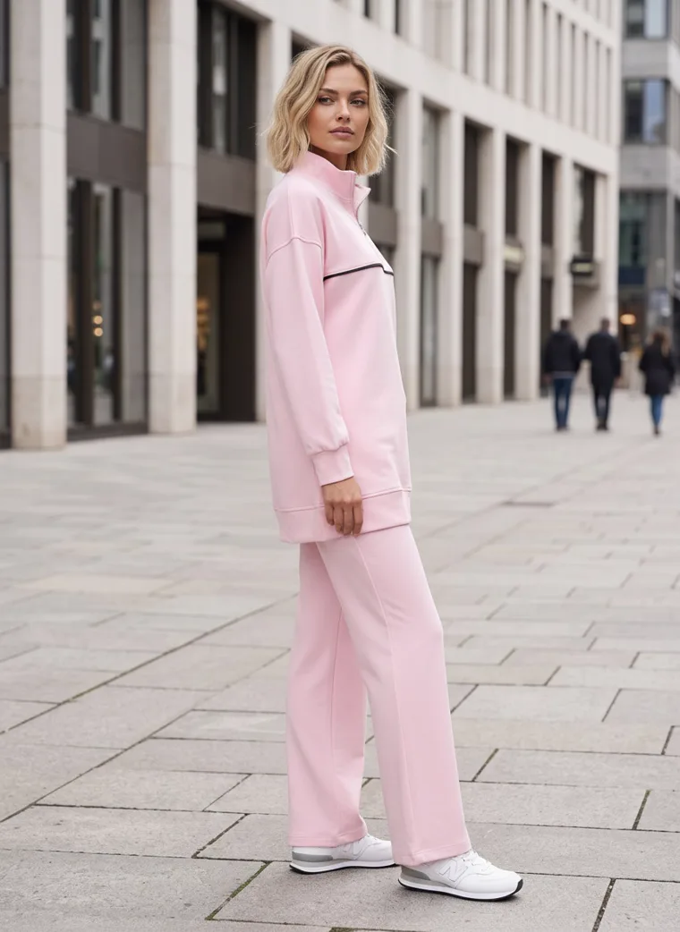 A pink half-zip sweatshirt with a contrast stripe and matching wide-leg joggers, worn with white trainers in a city plaza. Half-Zip Sweat Set in pink, side view
