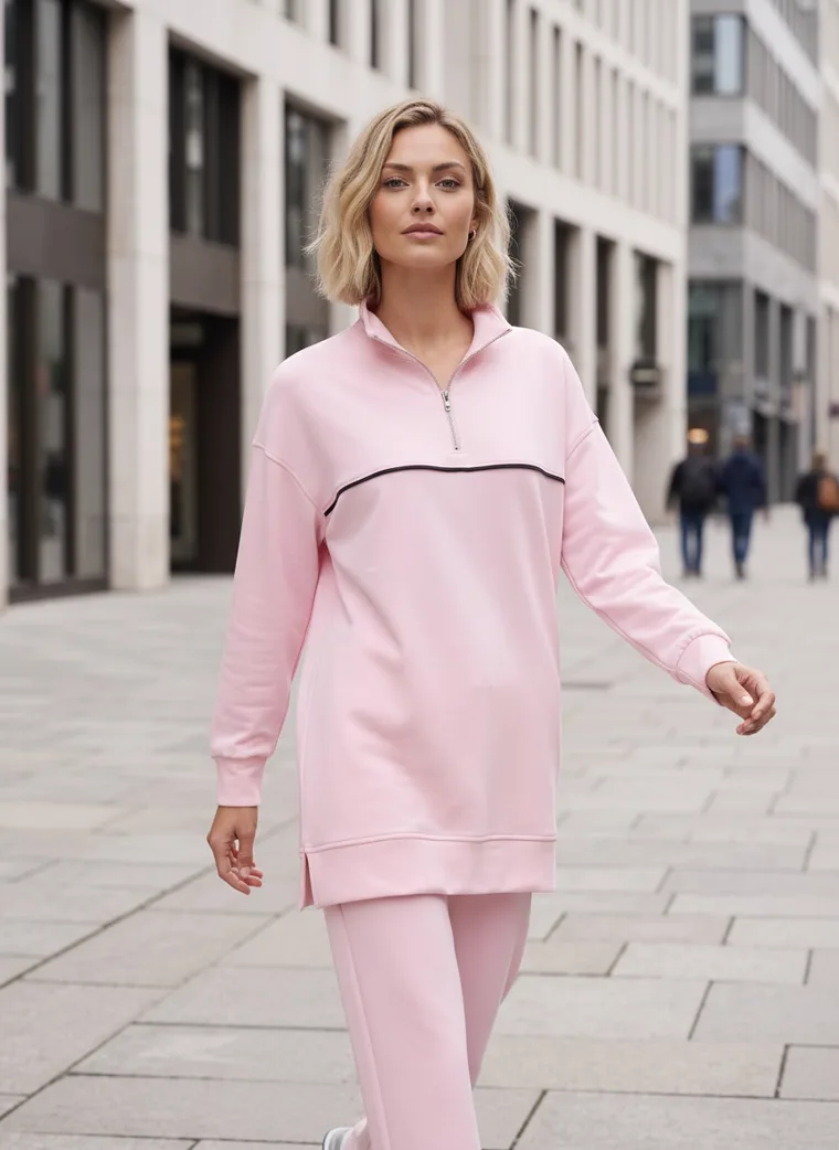 A pink half-zip sweatshirt with a contrast stripe and matching wide-leg joggers, worn with white trainers in a city plaza. Half-Zip Sweat Set in pink, walking