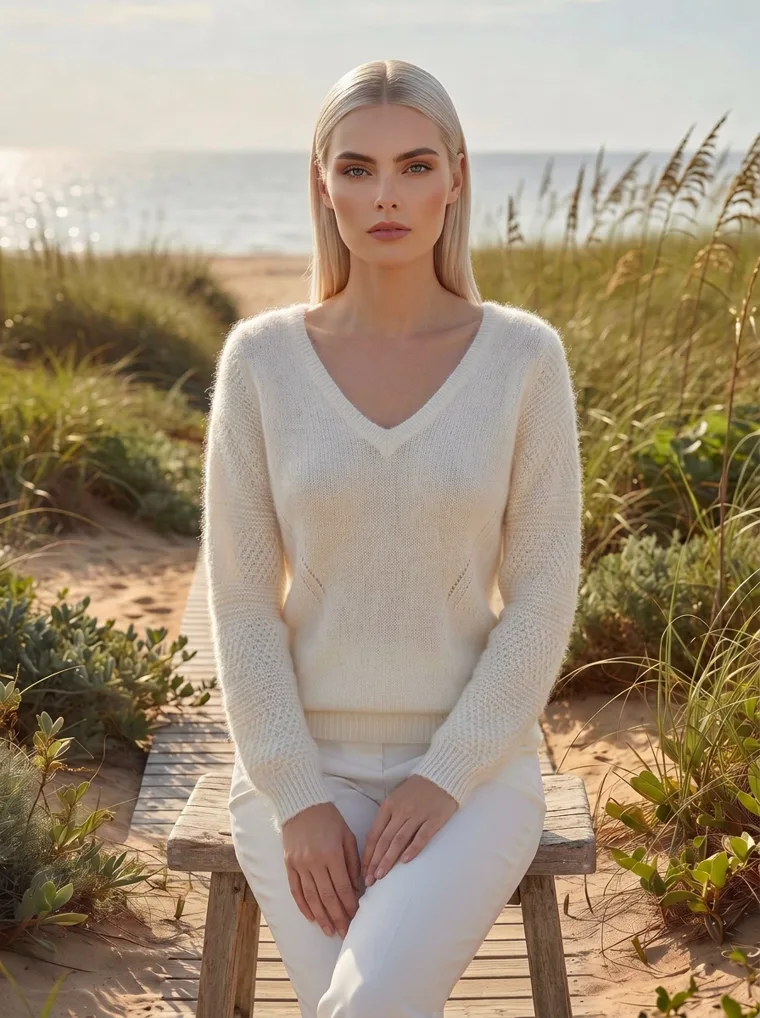 A model seated on a boardwalk bench among dune grass in a cream v-neck knit and white trousers, late sun on her face