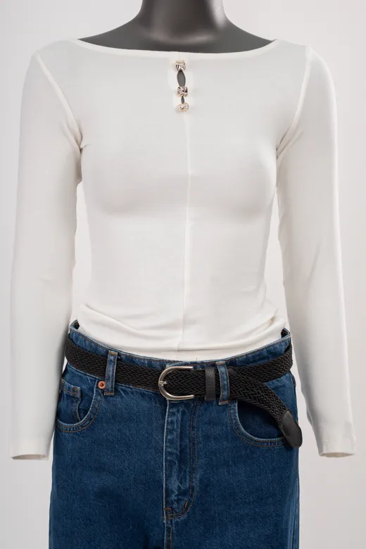 The starting photo for the ivory ribbed henley top: the henley top and jeans on a mannequin