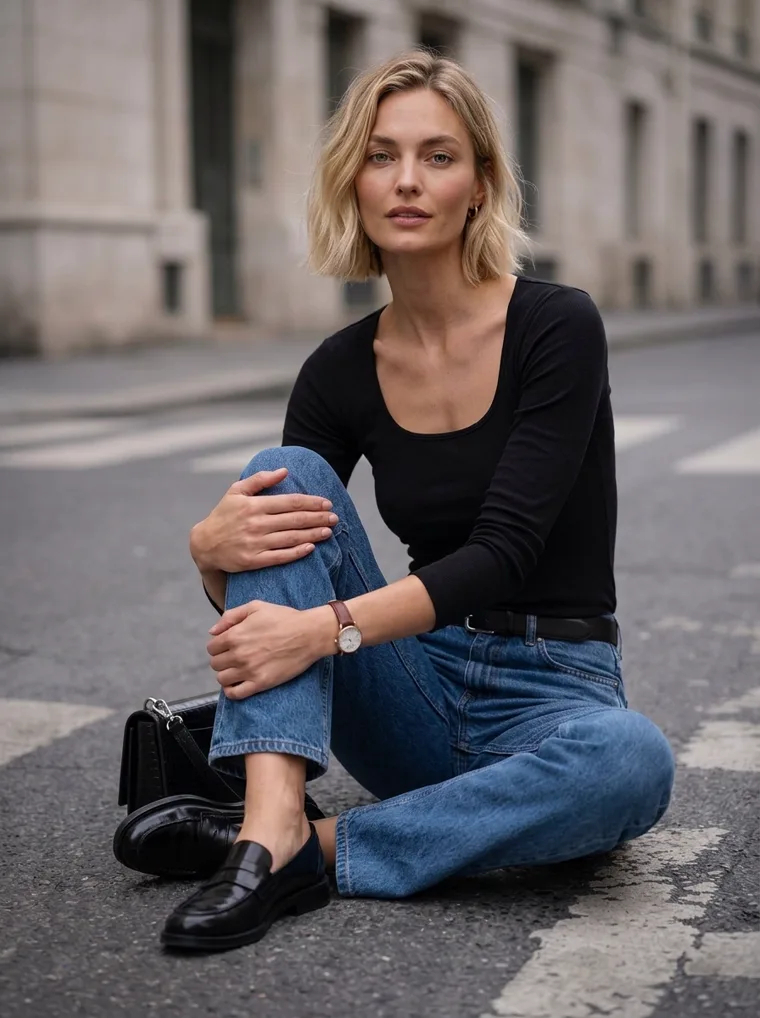 The same black scoop-neck long-sleeve top with straight blue jeans, black loafers and a small black bag, on a city crosswalk in low sun. Scoop-Neck Long-Sleeve Top in black, seated on the kerb