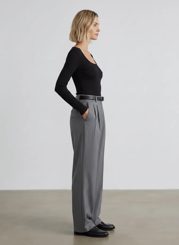 A black scoop-neck long-sleeve top with grey wide-leg trousers and a black belt, in a plain grey studio. Scoop-Neck Long-Sleeve Top in black, side view