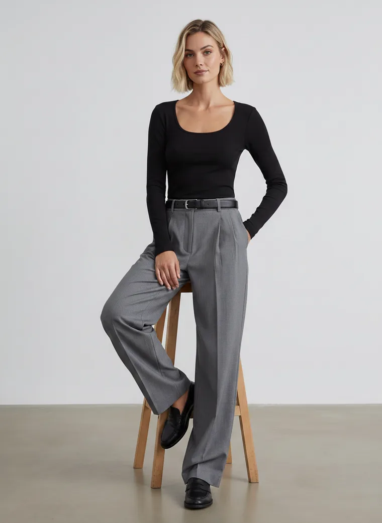 A black scoop-neck long-sleeve top with grey wide-leg trousers and a black belt, in a plain grey studio. Scoop-Neck Long-Sleeve Top in black, seated on a stool