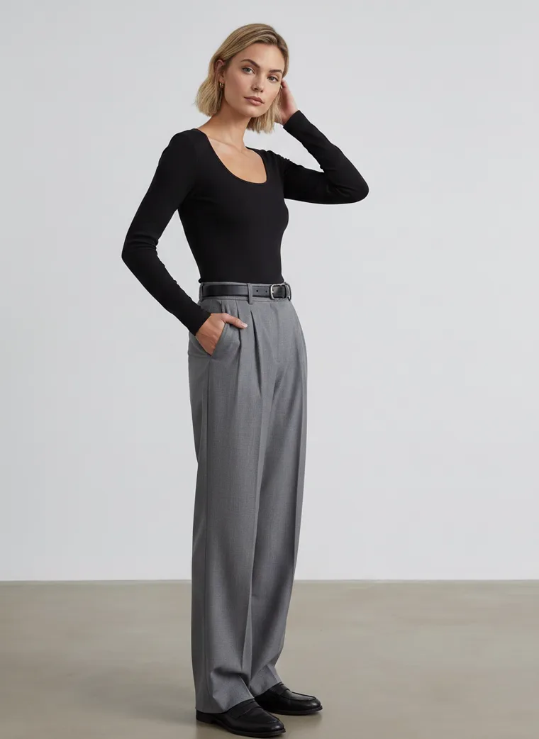 A black scoop-neck long-sleeve top with grey wide-leg trousers and a black belt, in a plain grey studio. Scoop-Neck Long-Sleeve Top in black, hand in her hair