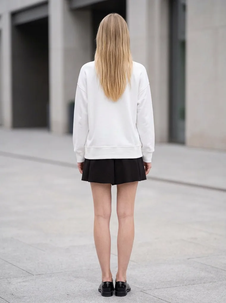 A white crew-neck sweatshirt with a small embroidered bird, a black pleated mini skirt and black loafers, outside a grey stone building. Embroidered Crew Sweatshirt in white and black, back view