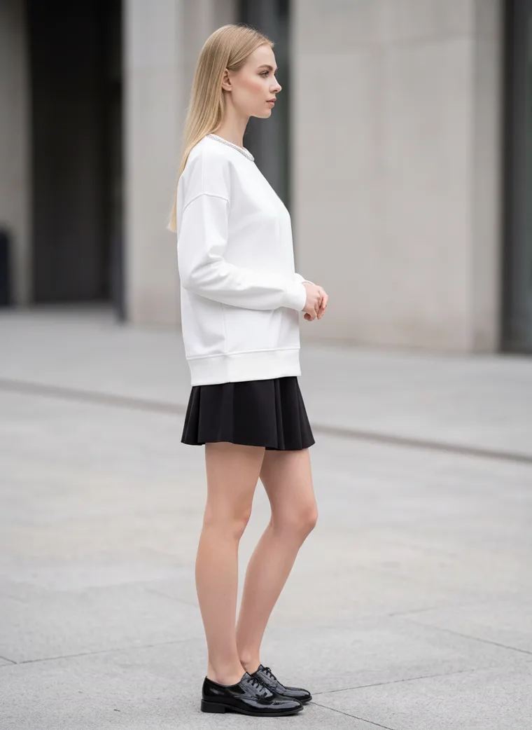 A white crew-neck sweatshirt with a small embroidered bird, a black pleated mini skirt and black loafers, outside a grey stone building. Embroidered Crew Sweatshirt in white and black, side view
