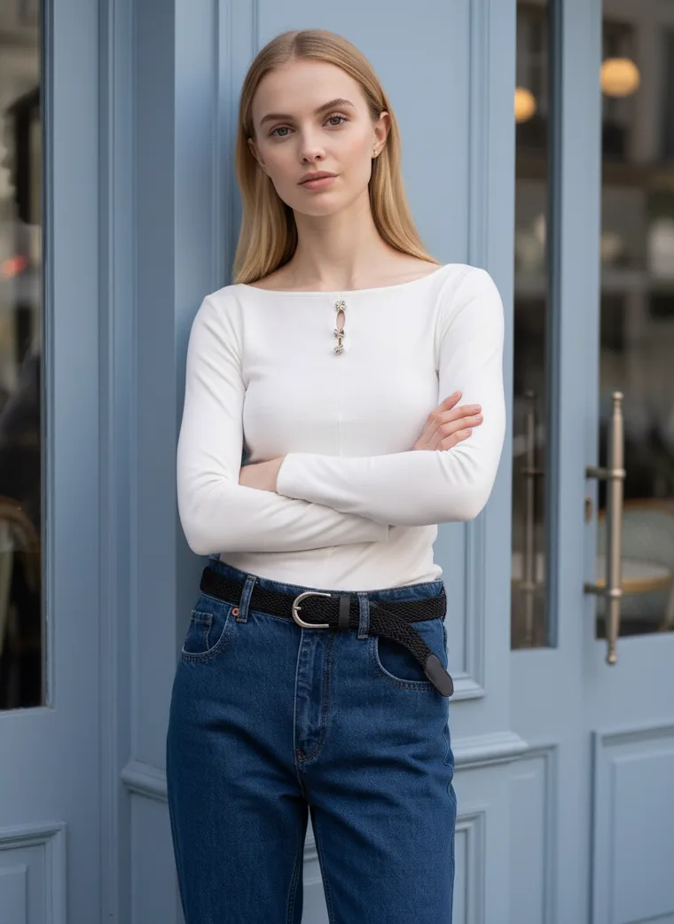 An ivory ribbed henley top with straight dark jeans and white trainers, in front of a pale blue cafe facade with bistro chairs. Ribbed Henley Top in ivory, waist-up, arms folded at a blue door