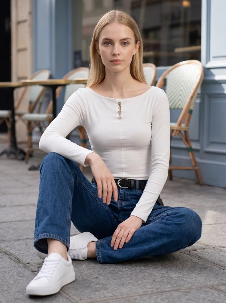 An ivory ribbed henley top with straight dark jeans and white trainers, in front of a pale blue cafe facade with bistro chairs. Ribbed Henley Top in ivory, seated on the pavement