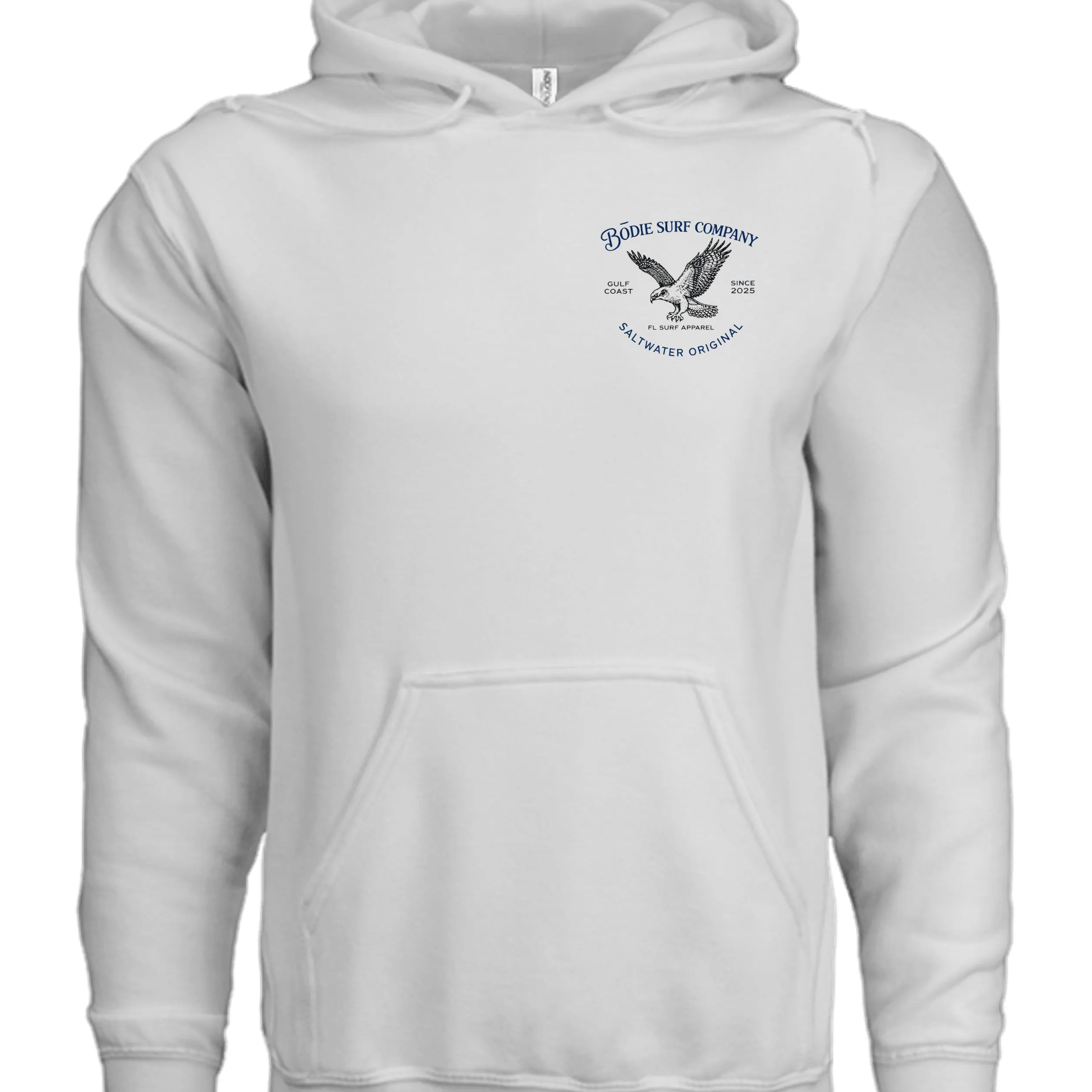 Input flat lay — white hoodie with small Bödie Surf Company eagle crest on chest, used as MODA AI source garment