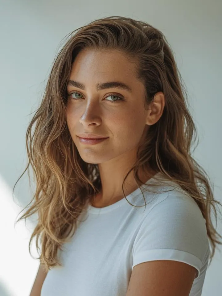 Input — face reference of brunette model with long wavy hair, used to lock model identity across all ten outputs