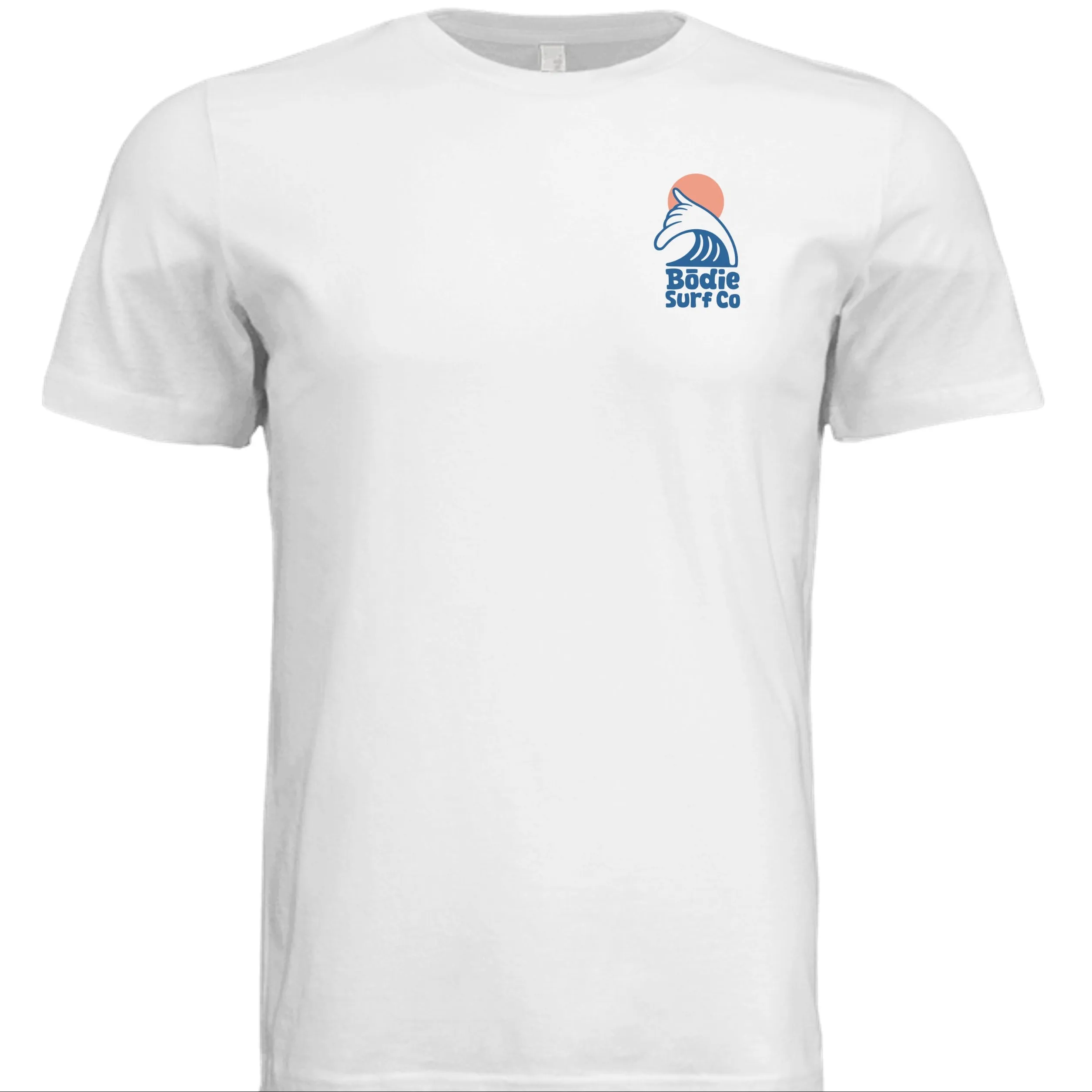 Input flat lay — white tee with small Bödie Surf Co wave logo on the chest, used as MODA AI source garment