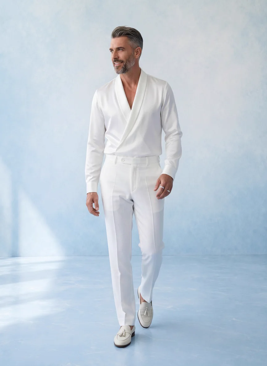 A man in an ivory shawl collar shirt and matching trousers photographed against a soft blue painted backdrop, the garment kept fully legible because the ground is not white