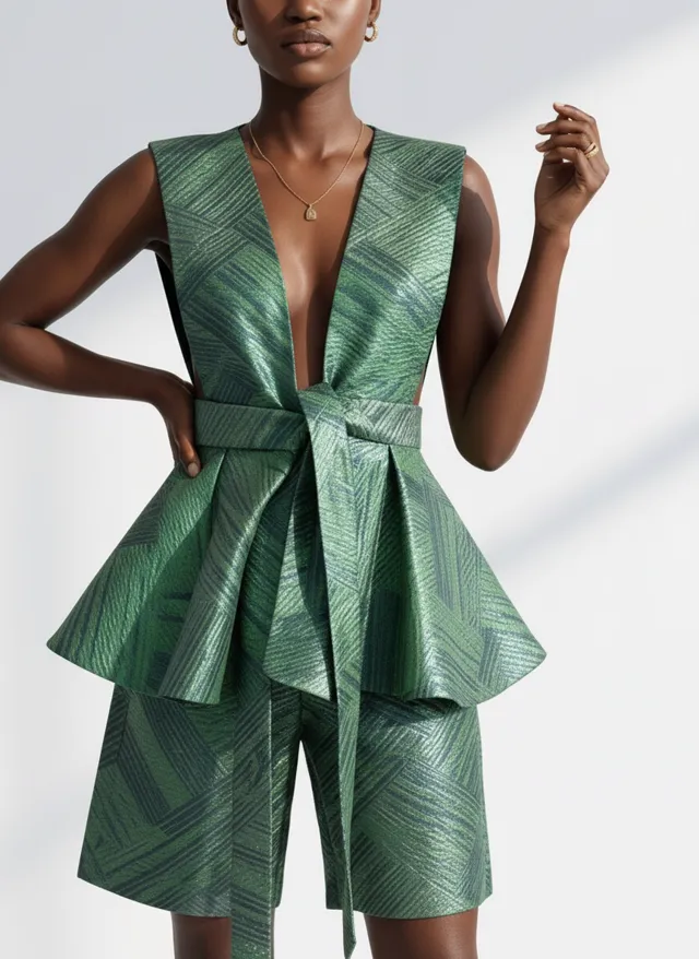 An emerald textured peplum dress on a gold shop mannequin, used as the input for the dress set