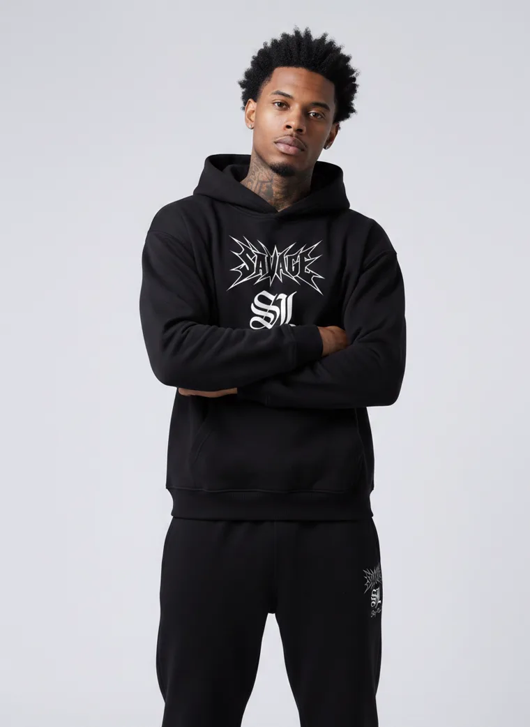 A black hoodie and sweatpants with a gothic chest print and a large matching back print. Graphic Hoodie Set in Black, frame 2 of 5