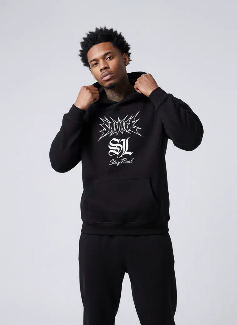 A black hoodie and sweatpants with a gothic chest print and a large matching back print. Graphic Hoodie Set in Black, frame 4 of 5
