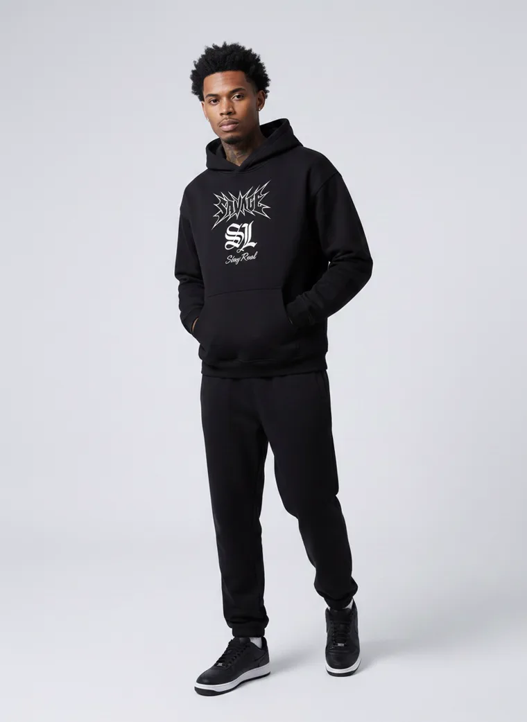 A black hoodie and sweatpants with a gothic chest print and a large matching back print. Graphic Hoodie Set in Black, frame 5 of 5