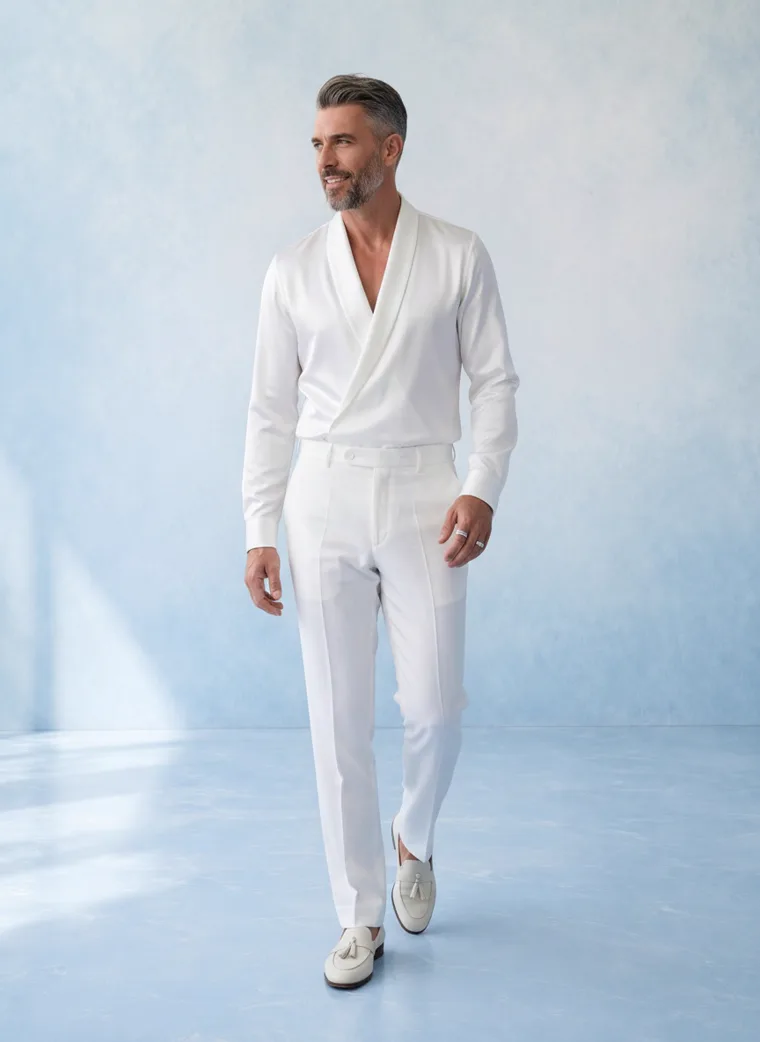 A man in an ivory shawl collar shirt and matching trousers against a soft blue painted backdrop. Shawl Collar Whites in Ivory, frame 1 of 5