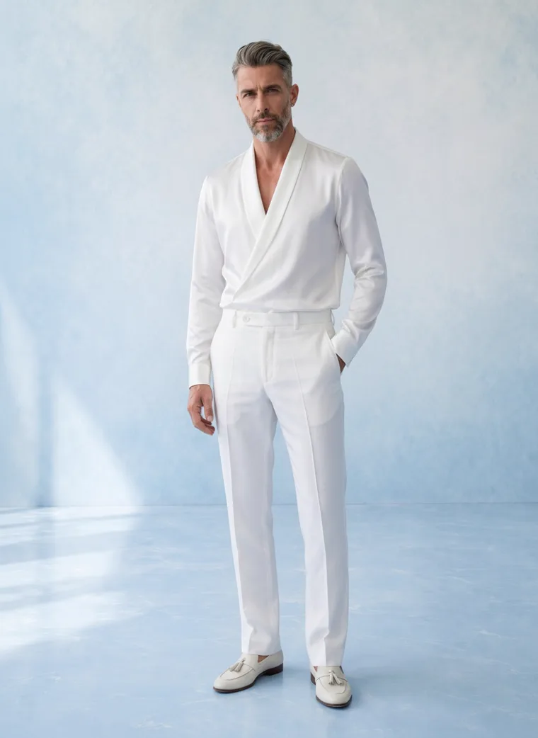 The ivory shawl collar outfit generated full length against the blue backdrop, walking toward camera with every edge of the garment clearly separated from the ground