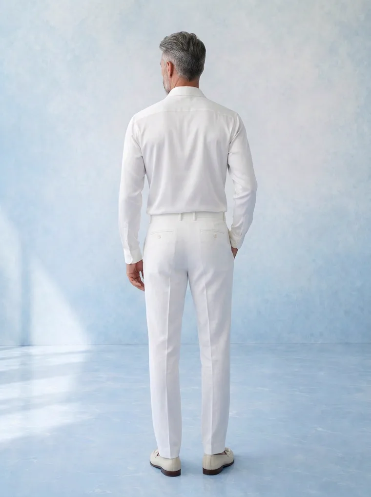 A man in an ivory shawl collar shirt and matching trousers against a soft blue painted backdrop. Shawl Collar Whites in Ivory, frame 3 of 5
