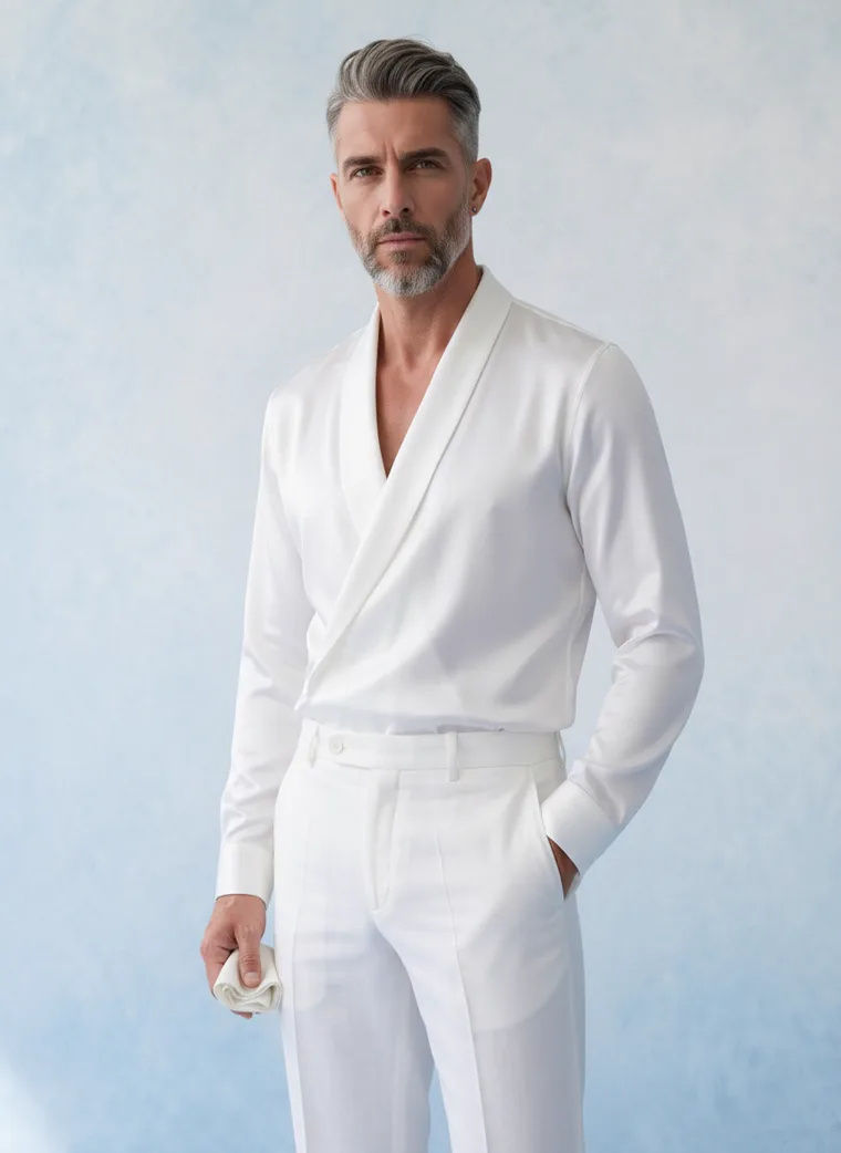 A man in an ivory shawl collar shirt and matching trousers against a soft blue painted backdrop. Shawl Collar Whites in Ivory, frame 4 of 5