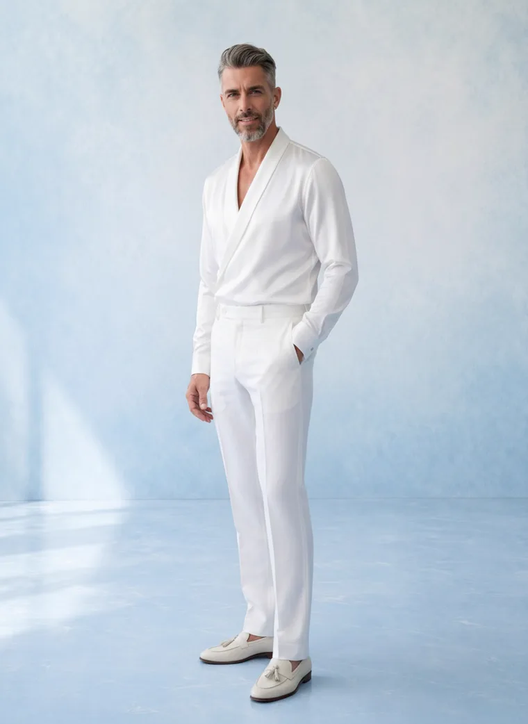 A man in an ivory shawl collar shirt and matching trousers against a soft blue painted backdrop. Shawl Collar Whites in Ivory, frame 5 of 5