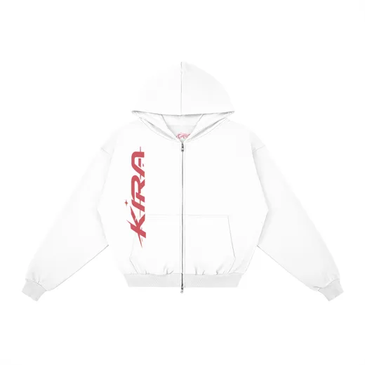 The starting photo for Zip Hoodie Set in White: the white zip hoodie laid flat