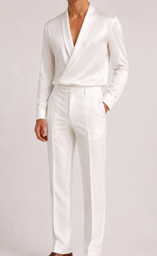 The starting photo for Shawl Collar Whites in Ivory: the outfit on a model against a white wall