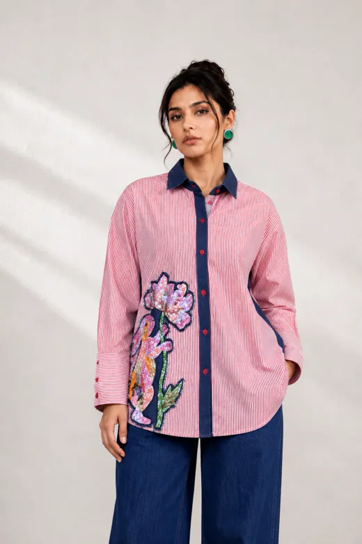 The starting photo for Embroidered Shirt in Pink: an existing outdoor photo of the shirt
