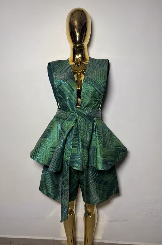 The starting photo for Peplum Dress in Emerald: an existing photo of the peplum dress on a model