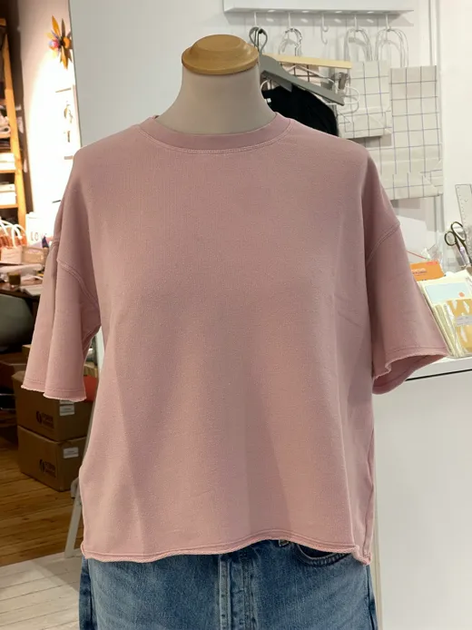 The starting photo for Boxy Tee in Blush: the tee on a dress form in a stockroom