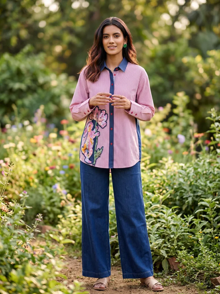 A pink shirt with a large floral embroidery and navy trim, worn with blue wide leg trousers in a flower garden. Embroidered Shirt in Pink, frame 1 of 5