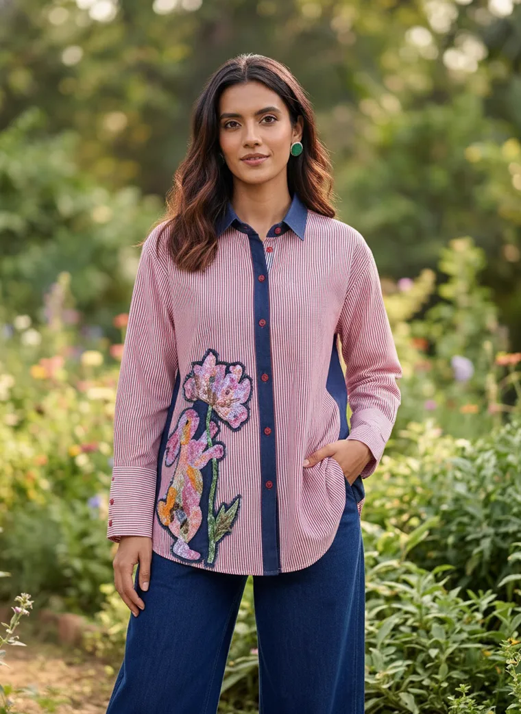 A pink shirt with a large floral embroidery and navy trim, worn with blue wide leg trousers in a flower garden. Embroidered Shirt in Pink, frame 2 of 5