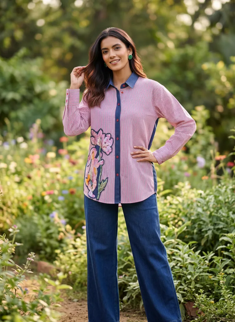 A pink shirt with a large floral embroidery and navy trim, worn with blue wide leg trousers in a flower garden. Embroidered Shirt in Pink, frame 3 of 5