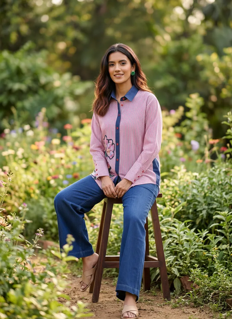 A pink shirt with a large floral embroidery and navy trim, worn with blue wide leg trousers in a flower garden. Embroidered Shirt in Pink, frame 4 of 5