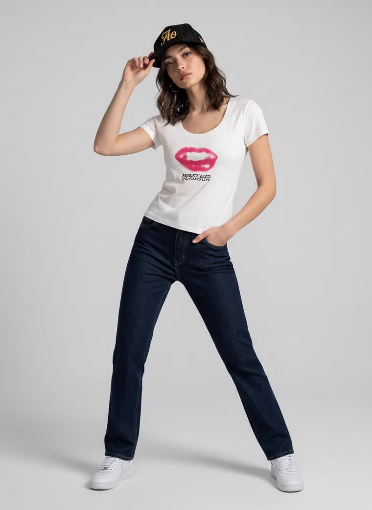 A fitted white tee with a pink lips graphic on the front and a rose print with lettering on the back, worn with dark indigo jeans and a black cap. Graphic Tee in White, frame 1 of 5