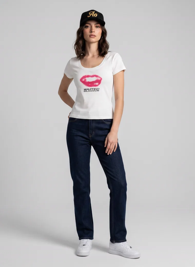 A fitted white tee with a pink lips graphic on the front and a rose print with lettering on the back, worn with dark indigo jeans and a black cap. Graphic Tee in White, frame 3 of 5