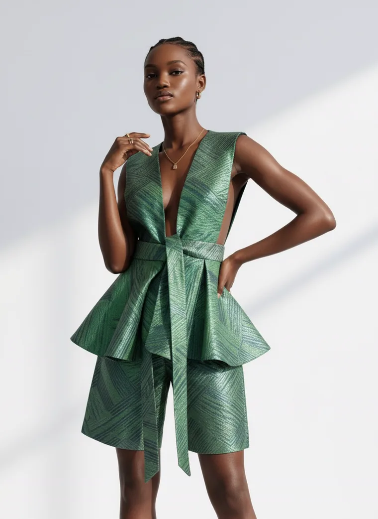 An emerald textured plunge neck peplum dress with strappy heels against a white wall with soft shadow. Peplum Dress in Emerald, frame 1 of 5