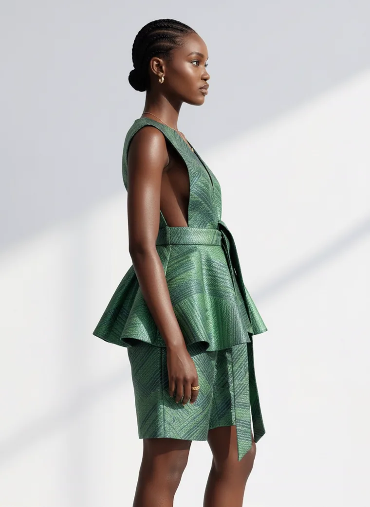 An emerald textured plunge neck peplum dress with strappy heels against a white wall with soft shadow. Peplum Dress in Emerald, frame 2 of 5