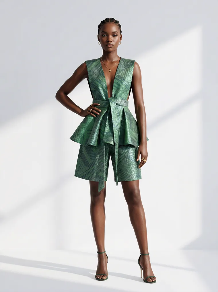 An emerald textured plunge neck peplum dress with strappy heels against a white wall with soft shadow. Peplum Dress in Emerald, frame 3 of 5