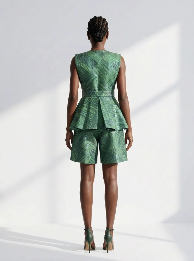 An emerald textured plunge neck peplum dress with strappy heels against a white wall with soft shadow. Peplum Dress in Emerald, frame 4 of 5