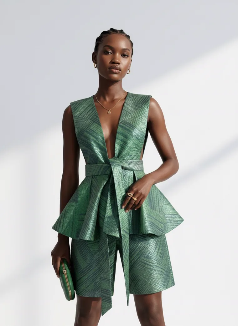 An emerald textured plunge neck peplum dress with strappy heels against a white wall with soft shadow. Peplum Dress in Emerald, frame 5 of 5