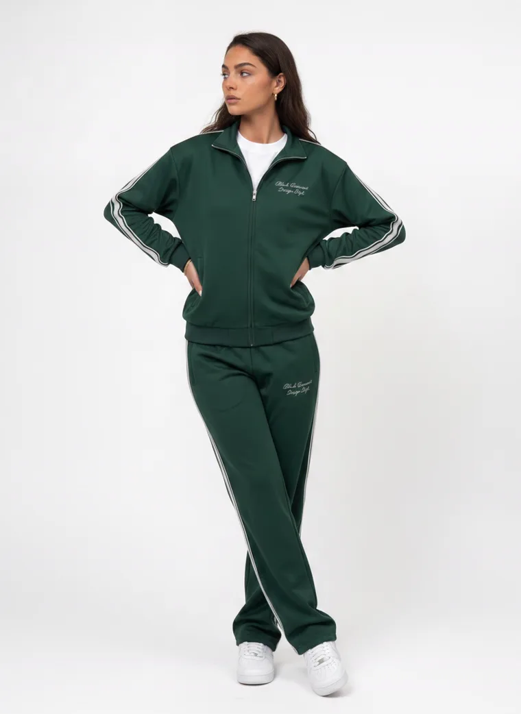 A forest green track jacket and pants with white side stripes and small embroidered chest text on pale grey. Track Jacket and Pants in Forest, frame 1 of 5