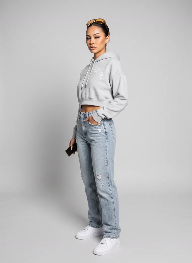 A grey marl cropped hoodie with a small chest print, worn with light wash jeans and sunglasses pushed into the hair. Cropped Hoodie in Grey Marl, frame 5 of 5