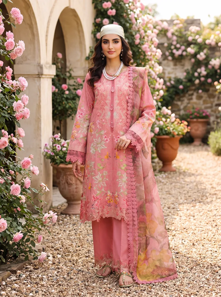 A coral embroidered kurta with matching trousers and a pale green headscarf, photographed in a rose garden with stone arches. Embroidered Kurta Set in Coral, frame 1 of 5