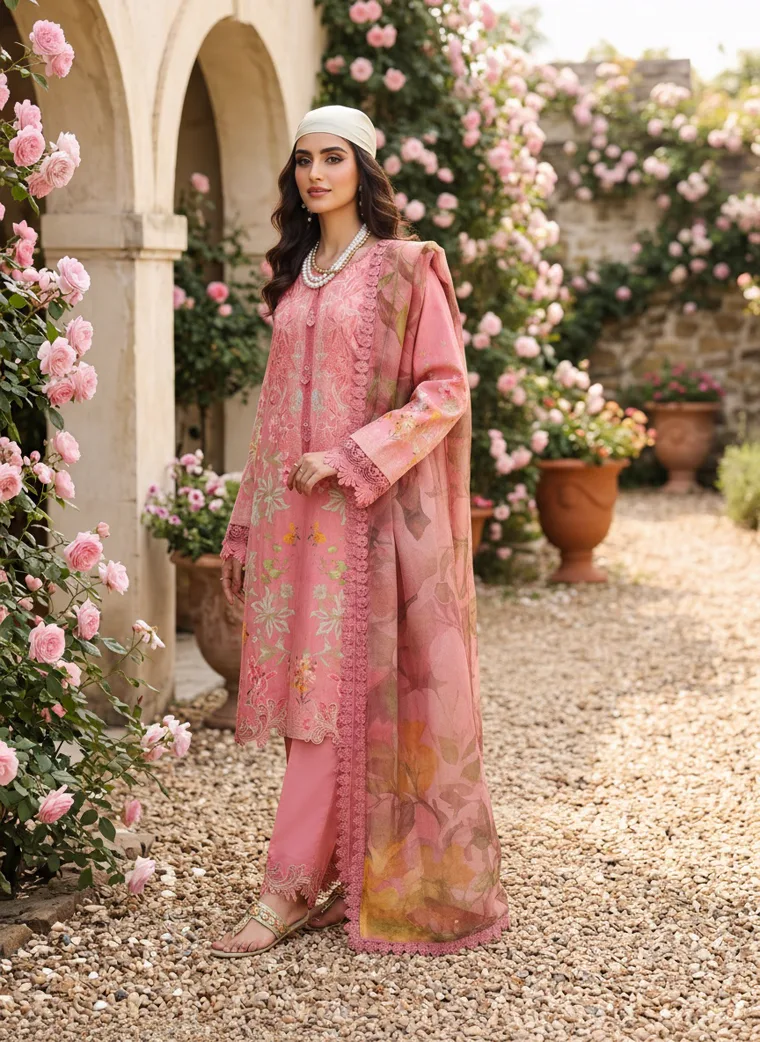 A coral embroidered kurta with matching trousers and a pale green headscarf, photographed in a rose garden with stone arches. Embroidered Kurta Set in Coral, frame 2 of 5