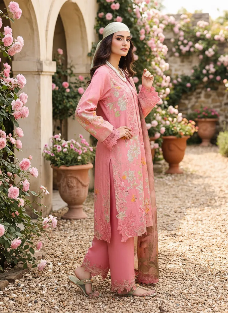 A coral embroidered kurta with matching trousers and a pale green headscarf, photographed in a rose garden with stone arches. Embroidered Kurta Set in Coral, frame 3 of 5