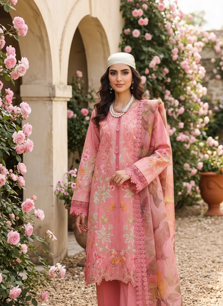 A coral embroidered kurta with matching trousers and a pale green headscarf, photographed in a rose garden with stone arches. Embroidered Kurta Set in Coral, frame 4 of 5